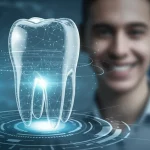 Immagine concettuale fotorealistica: un dente digitale trasparente e luminoso, composto da linee di codice e punti dati, fluttua davanti a un'interfaccia utente high-tech che mostra grafici e analisi AI. Sullo sfondo, un sorriso umano sano e luminoso è leggermente sfocato. Macro lens 90mm, high detail, illuminazione drammatica controllata con riflessi blu e bianchi, focus nitido sul dente digitale.