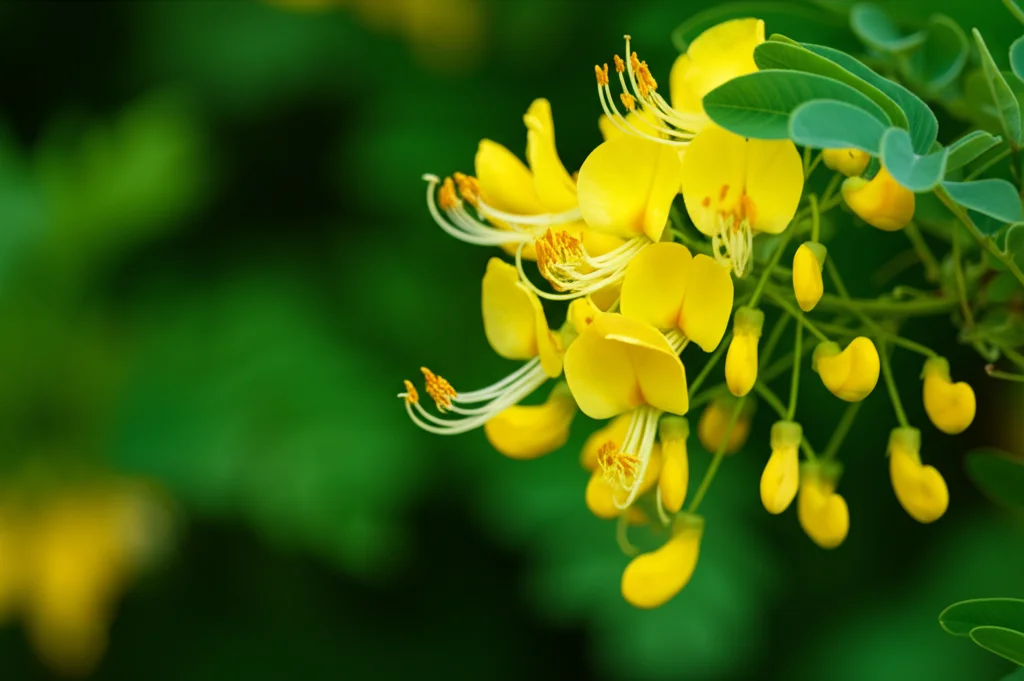 Macro fotografia di un fiore giallo pallido della pianta Sophora tonkinensis in piena fioritura, obiettivo macro 100mm, alta definizione dei dettagli dei petali e degli stami, illuminazione naturale morbida, sfondo verde sfocato (bokeh) per enfatizzare il fiore.