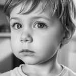 Ritratto fotografico di un bambino con lievi caratteristiche facciali della sindrome di Noonan, espressione neutra, luce soffusa da finestra laterale, obiettivo prime 50mm, profondità di campo, bianco e nero.