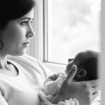 Ritratto fotografico di una neomamma che guarda fuori dalla finestra con espressione mista di affetto e preoccupazione, tenendo il suo bambino vicino; luce naturale morbida, 35mm portrait, depth of field, bianco e nero film.