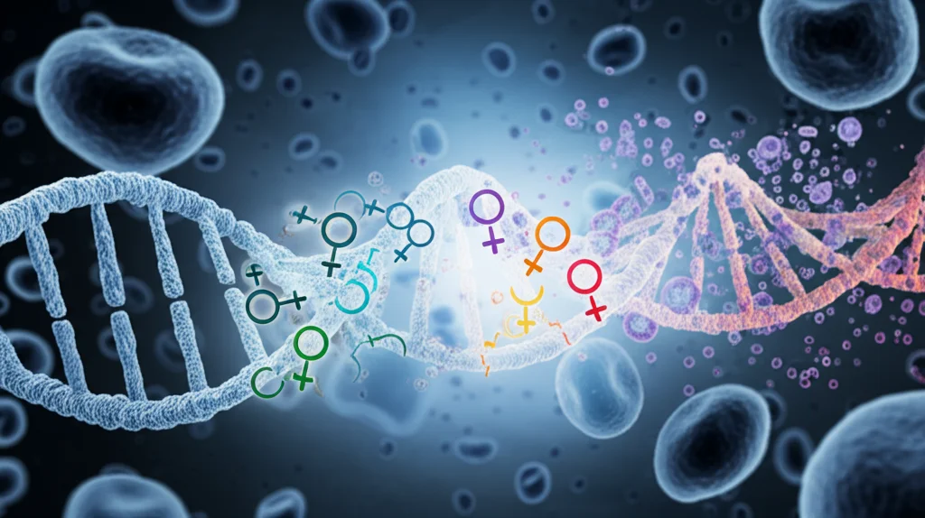 Concetto artistico-scientifico che mostra una catena di DNA che si trasforma da un lato in simboli ormonali (ghiandola endocrina stilizzata) e dall'altro in cellule linfoidi (linfociti), con un collegamento evidenziato tra ipoglicemia e leucemia. Illuminazione drammatica, profondità di campo, obiettivo prime 35mm, toni blu e grigi duotone.
