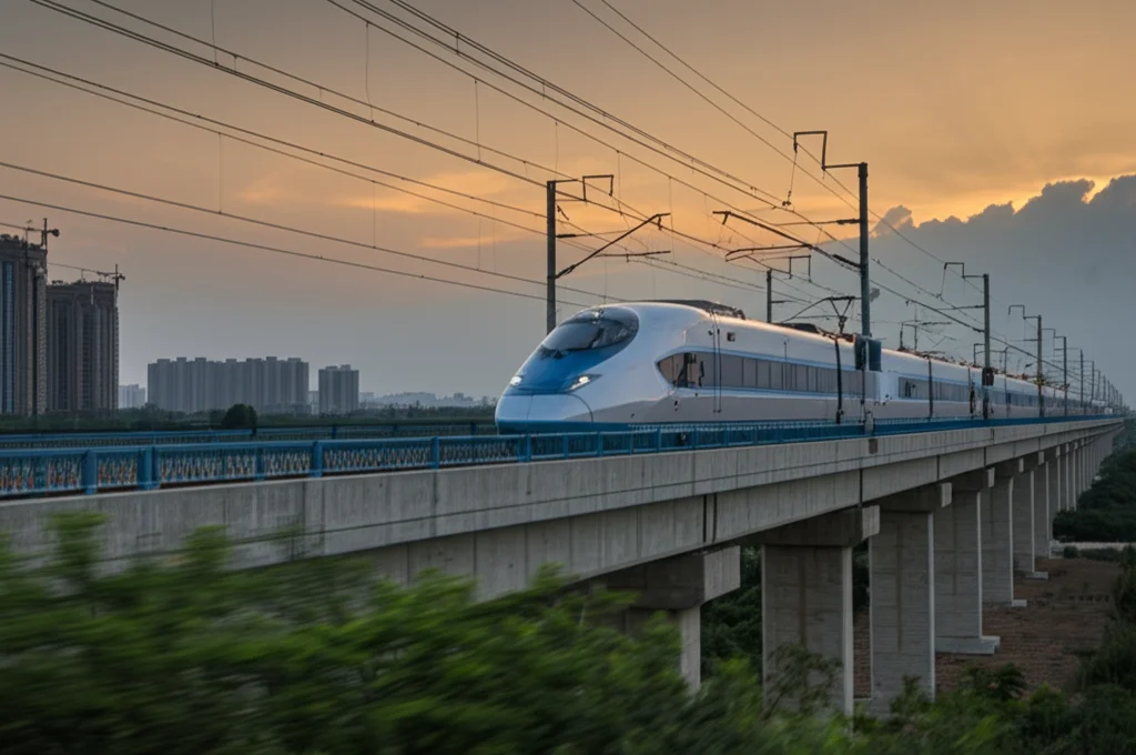 Fotografia di un treno ad alta velocità cinese che viaggia su un viadotto attraverso un paesaggio variegato che include aree urbane e terreni naturali, al tramonto. Obiettivo zoom 35mm, profondità di campo che mostra sia il treno a fuoco che lo sfondo suggestivo, colori caldi del tramonto.