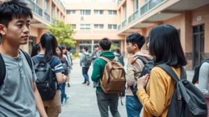 Fotografia realistica in stile reportage di un gruppo diversificato di studenti adolescenti cinesi, alcuni con zaini pesanti, altri che controllano la postura, in un cortile scolastico durante una pausa. Luce naturale, obiettivo prime 35mm, profondità di campo media per mostrare sia gli studenti che l'ambiente scolastico sullo sfondo.