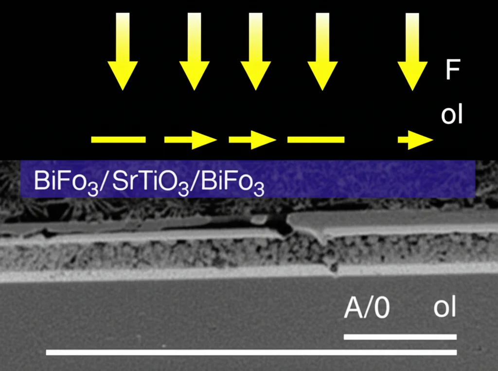Illustrazione scientifica fotorealistica, obiettivo grandangolare 20mm, che mostra una sezione trasversale di un film sottile multistrato (BiFeO3/SrTiO3/BiFeO3) su un substrato cristallino. Frecce luminose gialle indicano la polarizzazione ferroelecttrica controllata (configurazione testa-a-testa o coda-a-coda) attraverso le interfacce tra gli strati. L'illuminazione è controllata per evidenziare i dettagli atomici e la struttura a strati, con messa a fuoco nitida sull'area dell'interfaccia.