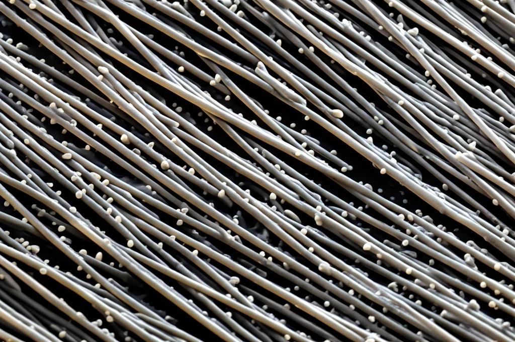 Immagine fotorealistica macro 80mm di nanofili d'argento su un substrato di silicio, con nanoparticelle indotte da plasma visibili sulla superficie, illuminazione laterale controllata per evidenziare la texture, alta definizione, concetto di spettroscopia SERS e interazione luce-materia su nanoscala.