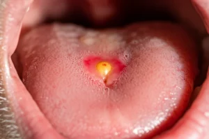 Immagine macro ad alta definizione di un'afta all'interno della bocca, che mostra l'ulcera giallastra con alone rosso su mucosa orale infiammata, illuminazione precisa e controllata, obiettivo macro 90mm, messa a fuoco selettiva sull'ulcera.