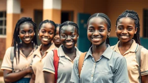 Ritratto fotografico di un gruppo di giovani studentesse adolescenti ghanesi in uniforme scolastica, sorridenti e fiduciose, all'esterno di un edificio scolastico. Luce naturale morbida, obiettivo da ritratto 35mm, profondità di campo che sfoca leggermente lo sfondo, colori caldi e vibranti.