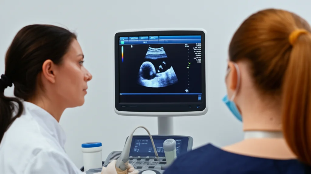 Studente di odontoiatria concentrato mentre esegue un'ecografia della regione testa-collo su un paziente simulato, schermo ecografico in primo piano mostra l'articolazione temporo-mandibolare, obiettivo 50mm, profondità di campo, illuminazione da studio.