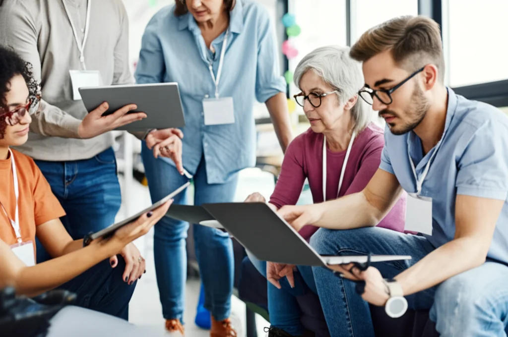 Un gruppo eterogeneo di persone, inclusi peer support worker riconoscibili da un badge, collabora attorno a tablet e laptop in un ambiente di lavoro moderno e luminoso, discutendo di salute mentale digitale. Fotografia d'ambiente, obiettivo 35mm, luce naturale, colori vivaci ma realistici, profondità di campo media.