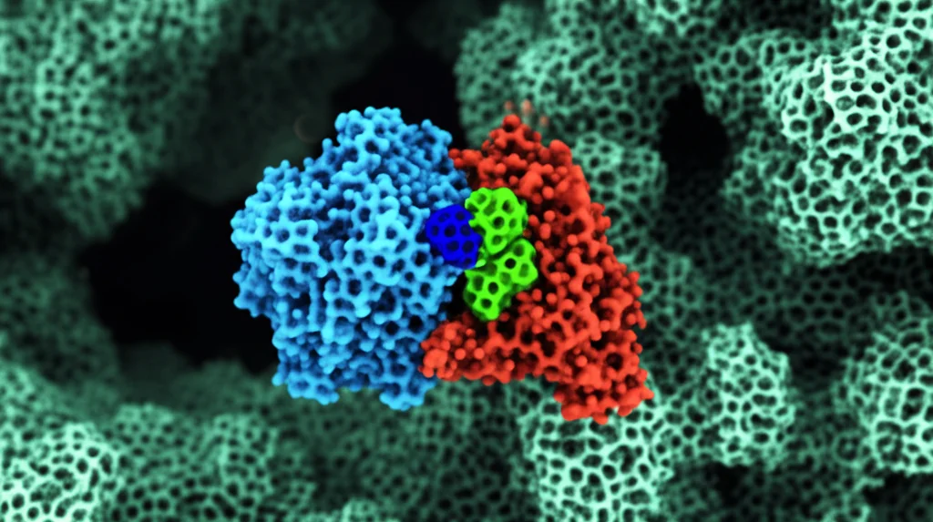Visualizzazione artistica fotorealistica del meccanismo di switch molecolare sulla proteina Ku80 al sito K568, da crotonilazione a SUMOilazione, nel contesto della riparazione del DNA danneggiato e della resistenza tumorale alla radioterapia. Obiettivo macro 105mm, illuminazione controllata per dettagli precisi, focus sull'interruttore molecolare.