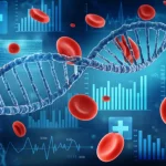 Visualizzazione astratta e fotorealistica di una doppia elica del DNA che si intreccia con grafici di dati medici fluttuanti e globuli rossi stilizzati, su uno sfondo blu scuro high-tech. Lente macro 100mm, alta definizione, illuminazione drammatica controllata per enfatizzare la complessità della sepsi e della coagulopatia a livello molecolare e di dati.