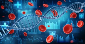 Visualizzazione astratta e fotorealistica di una doppia elica del DNA che si intreccia con grafici di dati medici fluttuanti e globuli rossi stilizzati, su uno sfondo blu scuro high-tech. Lente macro 100mm, alta definizione, illuminazione drammatica controllata per enfatizzare la complessità della sepsi e della coagulopatia a livello molecolare e di dati.