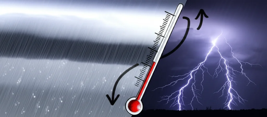 Illustrazione del passaggio da pioggia stratiforme a pioggia convettiva intensa con l'aumento della temperatura, simboleggiato da una freccia curva con un termometro che sale tra una nuvola stratiforme grigia con pioggia leggera e un cumulonembo scuro con fulmine e pioggia intensa. Wide-angle, 20mm, sharp focus, dramatic lighting.