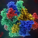 Illustrazione fotorealistica 3D della proteina capsidica del virus Dengue (Denv2C) che mostra la sua flessibilità strutturale mentre interagisce con l'RNA virale. Focus sulla dualità tra regione disordinata e regione ordinata flessibile. Illuminazione drammatica, stile da microscopia ad alta risoluzione, obiettivo prime 35mm.