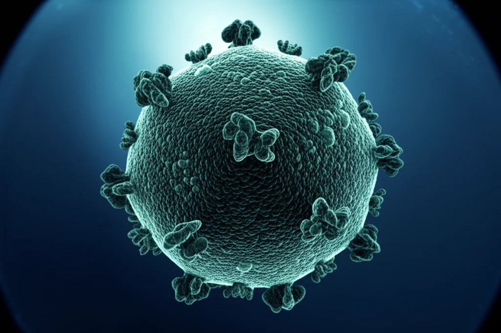 Immagine al microscopio elettronico a scansione di un virus gigante isolato dalle profondità oceaniche, struttura icosaedrica complessa visibile, sfondo blu scuro acquatico, lente macro 80mm, alta definizione, illuminazione drammatica.