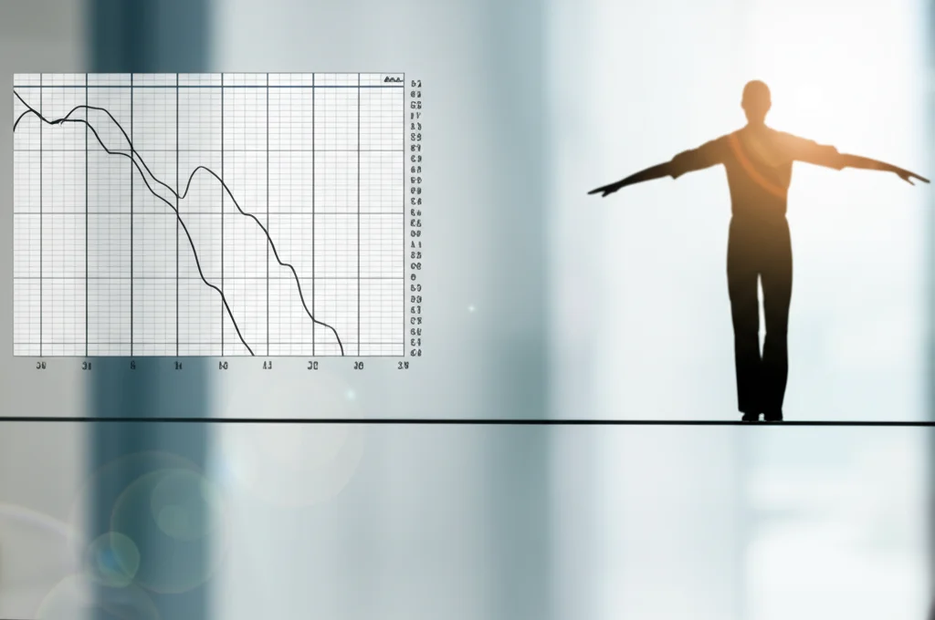 Immagine composita fotorealistica: a sinistra, un audiogramma stilizzato con curve discendenti che rappresenta la perdita uditiva; a destra, una silhouette elegante di una persona che cerca attivamente l'equilibrio su una linea sottile sospesa su uno sfondo sfocato. Illuminazione drammatica laterale, obiettivo 50mm, focus selettivo sull'audiogramma e sulla tensione della figura in equilibrio, stile cinematografico per sottolineare la connessione tra i due concetti.