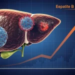 Immagine concettuale che mostra il virus SARS-CoV-2 (sfera con spike) e il virus dell'Epatite B (HBV, sfera più piccola) sovrapposti a una stilizzazione del fegato umano danneggiato (con aree di fibrosi). Sullo sfondo, un grafico astratto indica un aumento del rischio. Illuminazione drammatica laterale, focus selettivo sul fegato, prime lens 35mm, duotone blu scuro e arancione acceso.