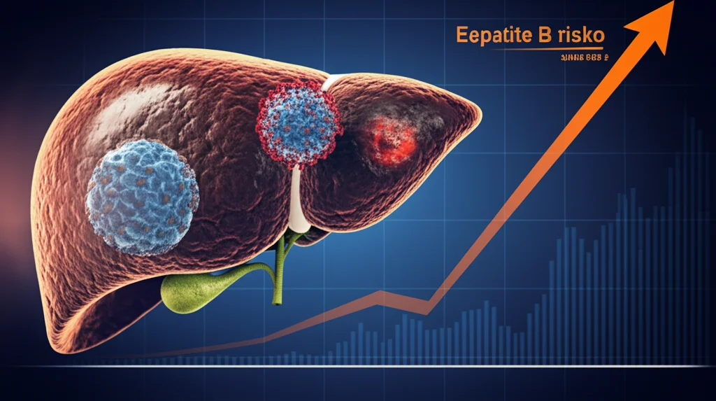 Immagine concettuale che mostra il virus SARS-CoV-2 (sfera con spike) e il virus dell'Epatite B (HBV, sfera più piccola) sovrapposti a una stilizzazione del fegato umano danneggiato (con aree di fibrosi). Sullo sfondo, un grafico astratto indica un aumento del rischio. Illuminazione drammatica laterale, focus selettivo sul fegato, prime lens 35mm, duotone blu scuro e arancione acceso.