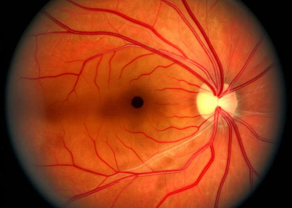 Immagine fotorealistica ad alta definizione del fondo oculare con dettagli di microaneurismi ed emorragie indicative della retinopatia diabetica, analizzata da un overlay grafico di intelligenza artificiale. Macro lens, 100mm, high detail, precise focusing.