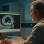 Immagine fotorealistica di un medico che analizza una scansione PET/CT su un monitor ad alta risoluzione in una stanza poco illuminata, evidenziando un focolaio infettivo; obiettivo 50mm, profondità di campo, illuminazione controllata per focus sui dettagli della scansione.