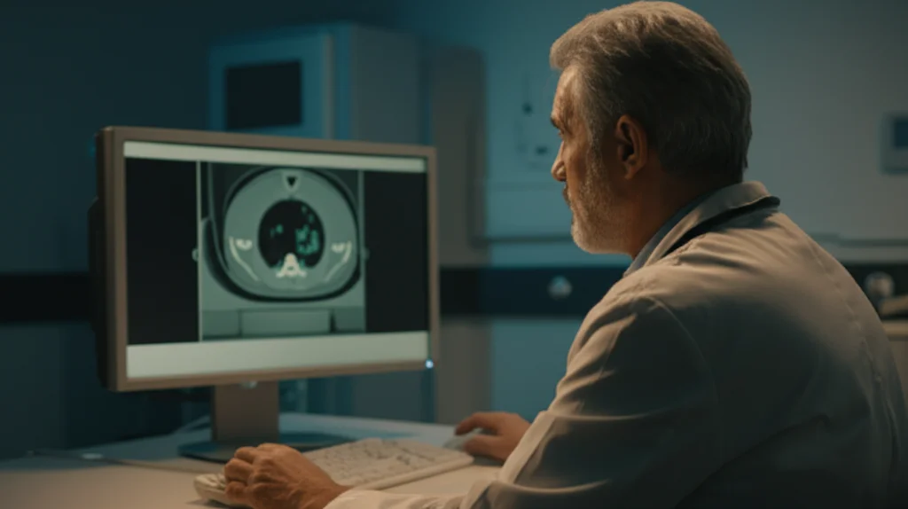 Immagine fotorealistica di un medico che analizza una scansione PET/CT su un monitor ad alta risoluzione in una stanza poco illuminata, evidenziando un focolaio infettivo; obiettivo 50mm, profondità di campo, illuminazione controllata per focus sui dettagli della scansione.