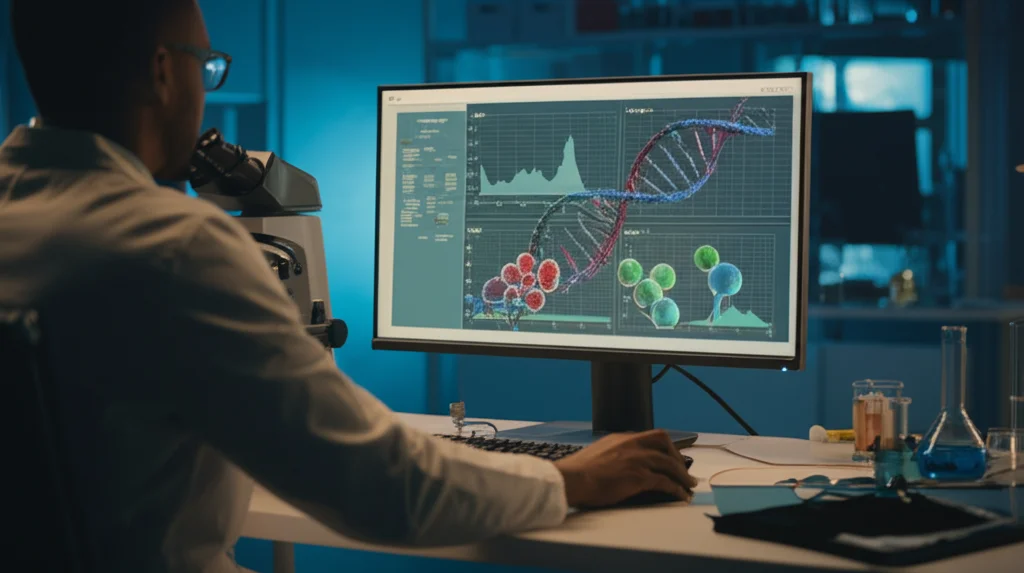 Primo piano di un ricercatore che analizza dati di sequenziamento genetico del cancro endometriale su un computer in un laboratorio moderno, grafici molecolari visibili sullo schermo, obiettivo prime 35mm, profondità di campo, illuminazione da laboratorio focalizzata.