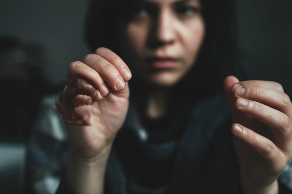 Primo piano fotografico di mani che mostrano un leggero tremore quasi impercettibile, con sfondo sfocato di una persona dall'aria malinconica. Obiettivo 50mm prime, profondità di campo, luce soffusa che accentua la texture della pelle e il leggero movimento.