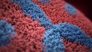 Rappresentazione artistica 3D fotorealistica del nucleo cellulare con filamenti di cromatina colorati (rosso per eterocromatina, blu per eucromatina) che formano domini distinti. Focus sui confini dinamici tra domini, illuminazione drammatica che evidenzia la struttura tridimensionale, stile macro 100mm per dettaglio molecolare, texture realistiche della cromatina.