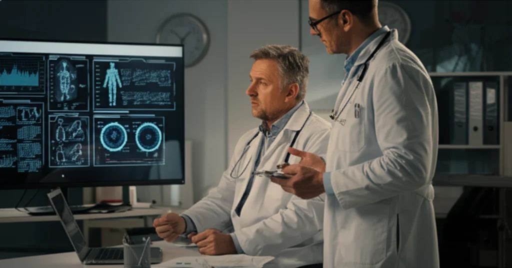 Un medico e un ricercatore discutono davanti a uno schermo che mostra dati clinici in un ambiente di ufficio moderno e luminoso, simboleggiando la collaborazione tra pratica clinica e ricerca, fotografia con obiettivo 50mm, luce naturale, profondità di campo media.