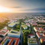 Veduta aerea stile drone, grandangolare 10mm, di una città europea (mix italo-tedesco) al tramonto, che mostra un mosaico di tetti verdi, parchi urbani rigogliosi e corridoi ecologici che si intrecciano con edifici storici e moderni, lunga esposizione per nuvole soffuse, messa a fuoco nitida.