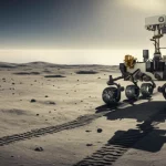 Vista artistica ma fotorealistica del rover Pragyan della missione Chandrayaan-3 sulla superficie lunare vicino al Polo Sud. Il rover analizza il suolo con il suo spettrometro APXS. Luce solare bassa crea lunghe ombre. Dettagli del terreno lunare in primo piano. Obiettivo zoom 35mm, profondità di campo per mantenere a fuoco sia il rover che il paesaggio circostante.