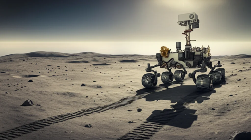 Vista artistica ma fotorealistica del rover Pragyan della missione Chandrayaan-3 sulla superficie lunare vicino al Polo Sud. Il rover analizza il suolo con il suo spettrometro APXS. Luce solare bassa crea lunghe ombre. Dettagli del terreno lunare in primo piano. Obiettivo zoom 35mm, profondità di campo per mantenere a fuoco sia il rover che il paesaggio circostante.