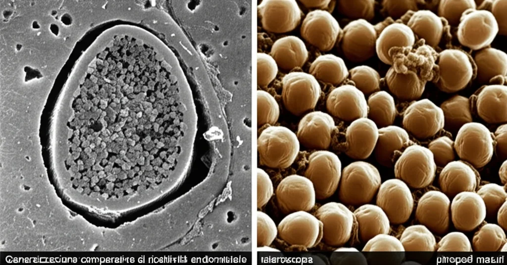 Visualizzazione comparativa astratta della ricettività endometriale: a sinistra, un'immagine stilizzata ad alta definizione di ghiandole endometriali vista tramite isteroscopia; a destra, una micrografia elettronica a scansione (SEM) di pinopodi maturi. Illuminazione drammatica, profondità di campo, obiettivo 50mm.