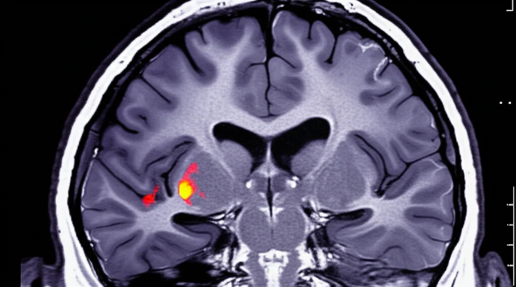 Visualizzazione medica fotorealistica del cervello umano in sezione trasversale, con il plesso coroideo evidenziato in colore brillante all'interno dei ventricoli e aree di iperintensità della sostanza bianca visibili. Obiettivo prime 35mm, profondità di campo ridotta per focalizzare l'attenzione sulle strutture chiave, illuminazione drammatica stile "film noir" per accentuare i dettagli.