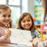 Bambina di prima elementare sorridente mostra con orgoglio un disegno geometrico su carta isometrica alla sua insegnante in un'aula luminosa e colorata, obiettivo 50mm, luce naturale morbida da una finestra, effetto bokeh sullo sfondo per mettere a fuoco l'interazione e l'elaborato dello studente.