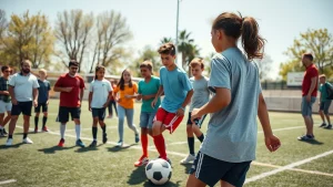 Foto grandangolare, 10mm, gruppo di adolescenti diversi che giocano a calcio in un campo soleggiato, un allenatore osserva attentamente dalla linea laterale, messa a fuoco nitida, colori vivaci, trasmettendo inclusione e attività.