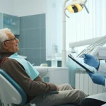 Fotografia di un dentista in camice bianco che discute con un paziente anziano seduto sulla poltrona dentistica. Il dentista indica un punto su una cartella clinica. Luce naturale dalla finestra dello studio. Obiettivo zoom 24-70mm impostato a circa 50mm. Leggera profondità di campo.