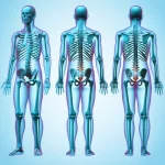 Immagine concettuale astratta che mostra l'allineamento dinamico della colonna vertebrale e del bacino umano in diverse posizioni (in piedi, seduto, sdraiato su un fianco), visualizzazione medica stilizzata ma fotorealistica, colori blu e grigio duotone, obiettivo 50mm.