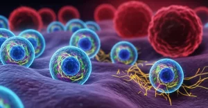 Immagine concettuale fotorealistica che mostra cellule progenitrici luminali (sfere luminose blu) in transizione. Alcune mostrano segni di disordine epigenomico (aloni viola/verdi caotici) e iniziano a esprimere marcatori mesenchimali (filamenti gialli, EMT parziale), avvicinandosi a uno stato tumorale (sfere rosse scure sullo sfondo). Profondità di campo, illuminazione drammatica, stile cinematografico scientifico, obiettivo 35mm.