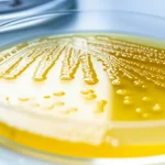 Immagine fotorealistica di colonie batteriche Xanthomonas giallo brillante che crescono su una piastra di Petri in un laboratorio scientifico. Obiettivo macro 105mm, illuminazione da studio controllata per massimizzare i dettagli delle colonie, messa a fuoco precisa sulla texture dei pigmenti, sfondo leggermente sfocato con attrezzatura da laboratorio.