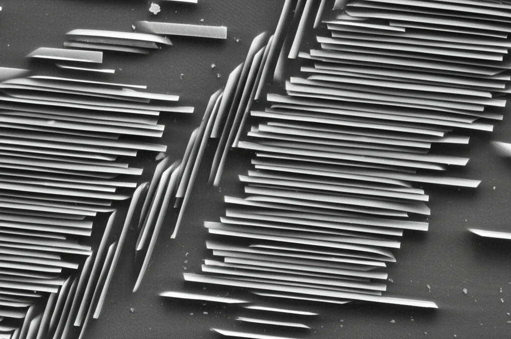 Immagine fotorealistica, obiettivo macro 100mm, di un composito avanzato con fogli di nitruro di boro esagonale (bianco brillante) orientati verticalmente all'interno di una matrice polimerica flessibile (TPU traslucido). Illuminazione controllata che enfatizza l'alta conducibilità termica e la struttura ordinata. Dettaglio elevato, messa a fuoco precisa.