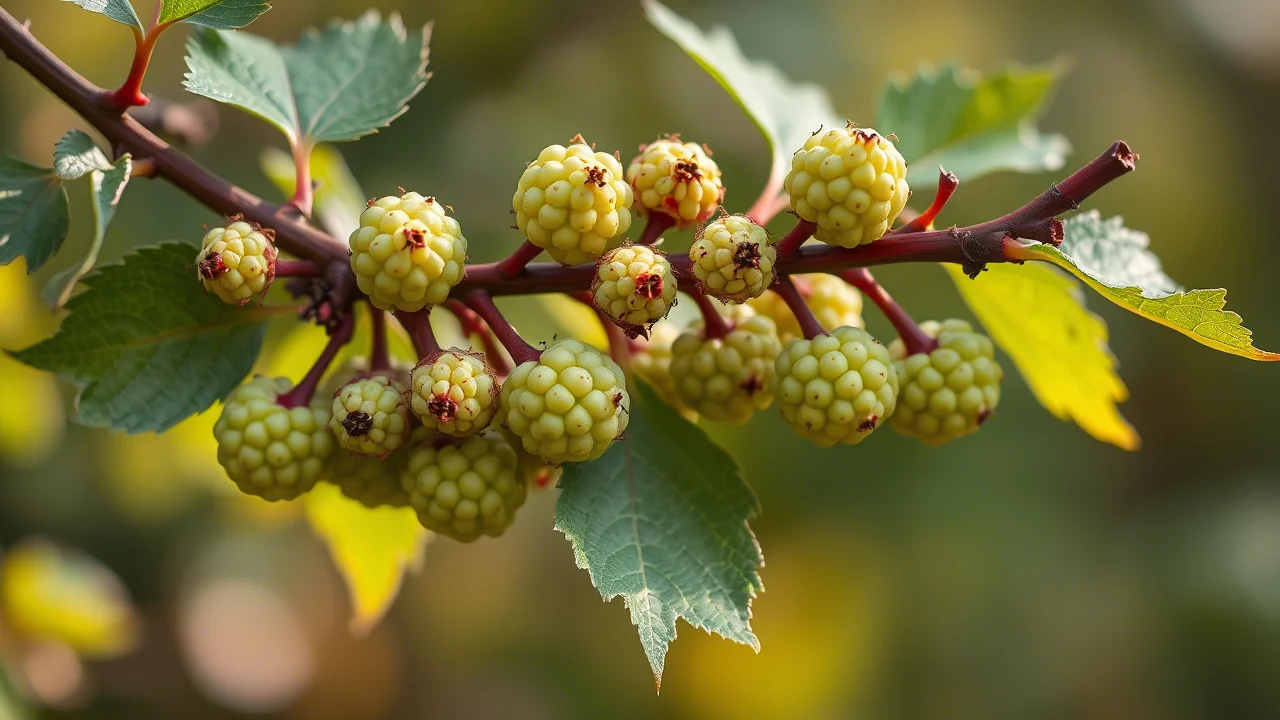 Primo piano di un ramo di gelso selvatico Morus mongolica carico di frutti immaturi verdi e foglie dettagliate, obiettivo macro 100mm, alta definizione, luce mattutina soffusa che crea un leggero bokeh sullo sfondo naturale.
