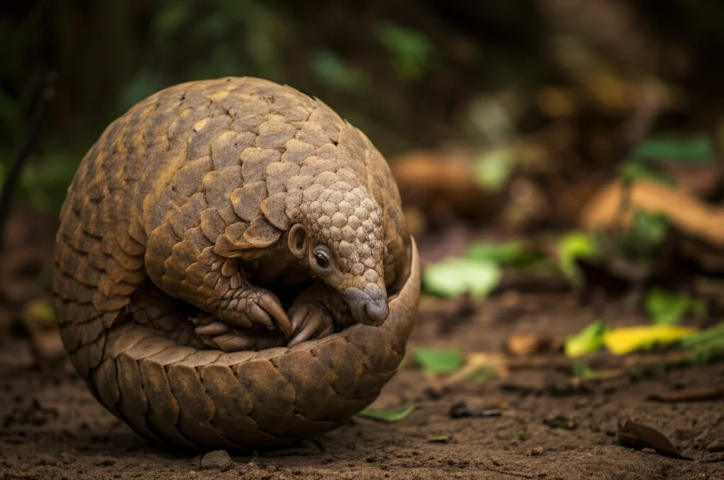 Ritratto fotorealistico di un pangolino della Sonda raggomitolato difensivamente a palla sul suolo di una foresta, obiettivo primario 35mm, profondità di campo che mette a fuoco le scaglie intricate, luce naturale soffusa filtrata dalle foglie, duotone marrone e verde per enfatizzare l'ambiente naturale e la texture.