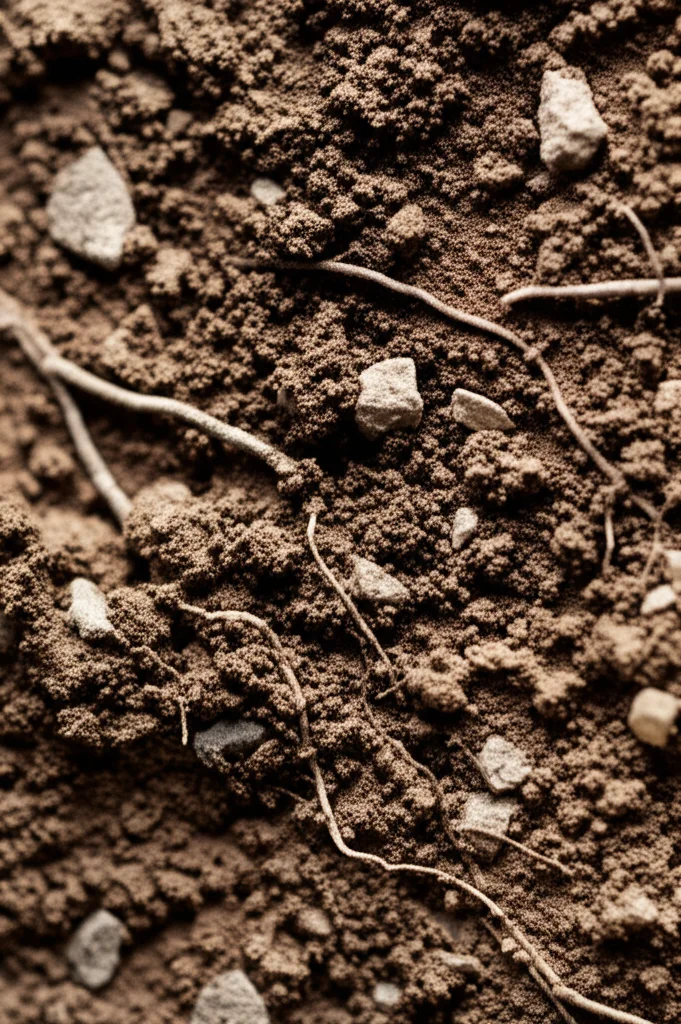 Sezione trasversale fotorealistica di suolo forestale che mostra chiaramente la matrice di terra fine mescolata con frammenti grossolani come sassi e radici. Macro lens, 85mm, high detail, controlled lighting, per evidenziare la composizione eterogenea del suolo rilevante per il calcolo della densità apparente.