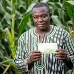 Un agricoltore Ghanese, sulla quarantina, guarda con scetticismo un buono cartaceo per fertilizzante che tiene in mano, sullo sfondo un campo di mais rigoglioso ma anche segni di siccità. Fotografia ritratto, obiettivo 35mm, luce naturale controllata, profondità di campo che sfoca leggermente lo sfondo, toni caldi ma realistici.