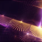 Concetto astratto della quantizzazione del trasporto di calore, mostrando particelle quantistiche (come fononi) che si propagano come onde luminose viola e oro attraverso un mezzo scuro, con effetti di simmetria di gauge visualizzati come pattern geometrici brillanti. Prime lens, 35mm, depth of field, colori viola e oro duotono.