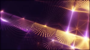 Concetto astratto della quantizzazione del trasporto di calore, mostrando particelle quantistiche (come fononi) che si propagano come onde luminose viola e oro attraverso un mezzo scuro, con effetti di simmetria di gauge visualizzati come pattern geometrici brillanti. Prime lens, 35mm, depth of field, colori viola e oro duotono.