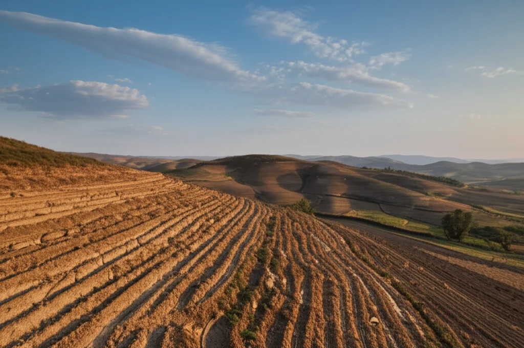 Fotografia paesaggistica dell'ecotono agro-pastorale nel nord della Cina, obiettivo grandangolare 15mm, luce del tardo pomeriggio che evidenzia le texture del terreno eroso su un pendio coltivato, focus nitido.