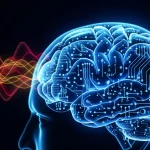 Immagine concettuale fotorealistica di un cervello stilizzato composto da circuiti luminosi blu che interagiscono con onde di segnale caotiche e disordinate (gialle e rosse) in ingresso, trasformandole in pattern di segnali spiking ordinati e regolari in uscita. Obiettivo grandangolare 24mm, messa a fuoco nitida, sfondo scuro high-tech.