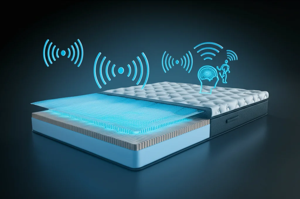Immagine concettuale fotorealistica di un materasso moderno sezionato. Si vedono chiaramente gli strati interni: uno strato comfort superiore, uno strato intermedio con una griglia luminosa blu che rappresenta i sensori RFID integrati, e una base di supporto. Sopra il materasso fluttuano icone stilizzate ma realistiche di onde radio che si collegano a un cervello umano (simbolo di monitoraggio cognitivo/sonno) e a un muscolo stilizzato (simbolo di recupero fisico). Illuminazione high-tech, dettagli nitidi, obiettivo 50mm, sfondo scuro e pulito per enfatizzare il materasso.